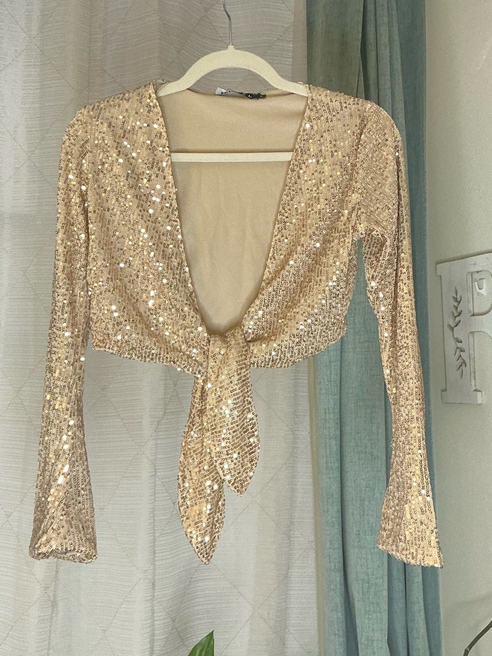 Motel Gold Sequin Tie-Front Long Sleeve Crop Top